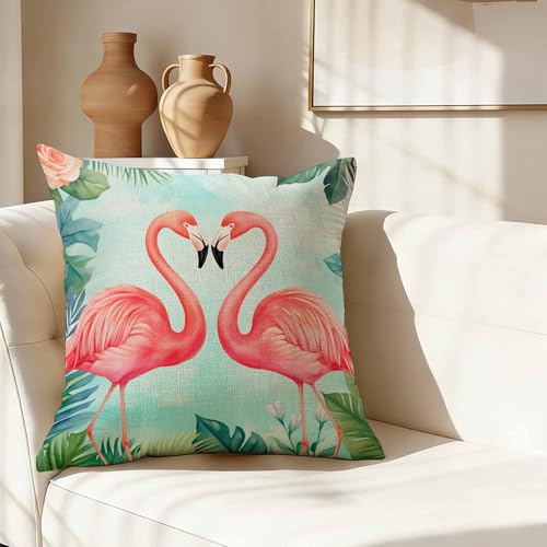 Tropical Palm Leaf Throw Pillow Cover,Pink Flamingos Heart Shape Decorative Pillow Case,Romantic Boho Botanical Cotton Linen Cushion Case for Home Decor 18 * 18 Inch - color: Settype01