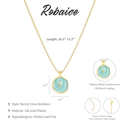 Robaice Cross Necklace for Women, Dainty 14K Gold Plated Cross Necklace - style: disc cross light blue
