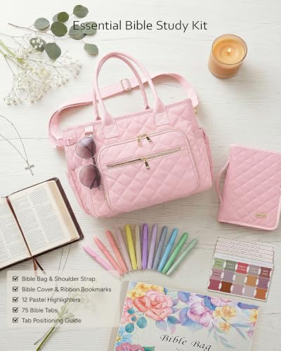 Large Bible Bag with Bible Cover Case for Women, Quilted Bible Tote Bag - color: Light Pink