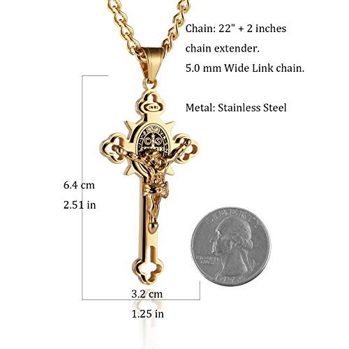 HZMAN Stainless Steel St. Benedict Crucifix Cross Necklace for Men - color: Large Gold