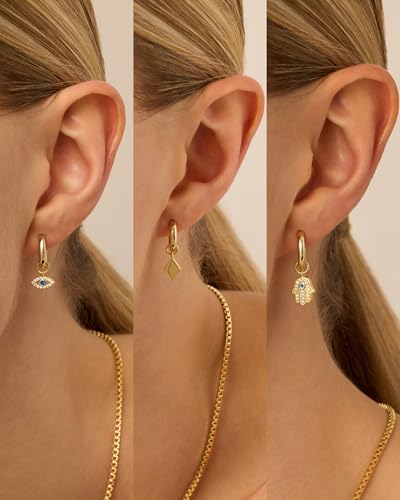 PAVOI 14K Gold Plated Mix & Match Charms Dainty Huggie Earrings for Women - style: Evil Eye