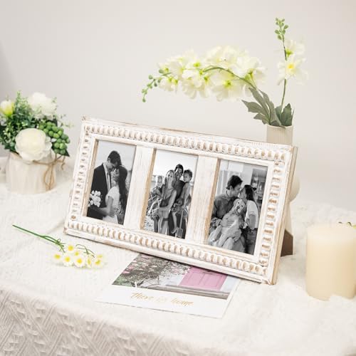 MODE HOME Triple 4x6 Picture Frame, 3 Opening Whitewashed Farmhouse Photo Frame Collage for Tabletop Display, Horizontal 3 Picture Frame 4x6 for Family Memories - color: White, size: 3 Opening 4x6