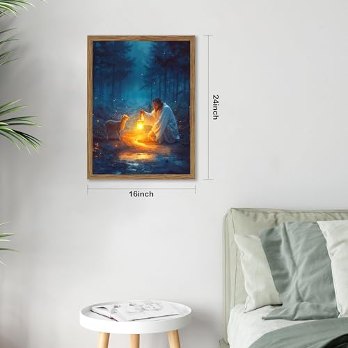 Framed Jesus Wall Art, The Good Shepherd Pictures Wall Decor, Jesus and Lost Lamb Lantern Forest Paintings Canvas Prints, Christian Faith Home Decor for Living Room Bedroom Church 16x24 Inch Ready to Hang - color: Jesus with Lantern and Lost Lamb, size: 2
