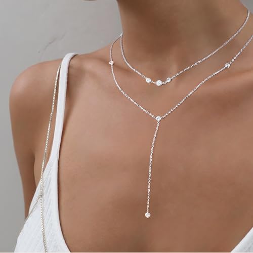 Sterling Silver 14K Gold Plated Dainty Layered Long Necklace for Women - color: Silver-CZ