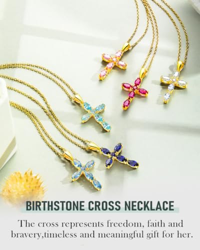 14K Gold Plated Birthstone Cross Pendant Necklace for Women Men - color: 10-Created Pink Sapphire-Oct