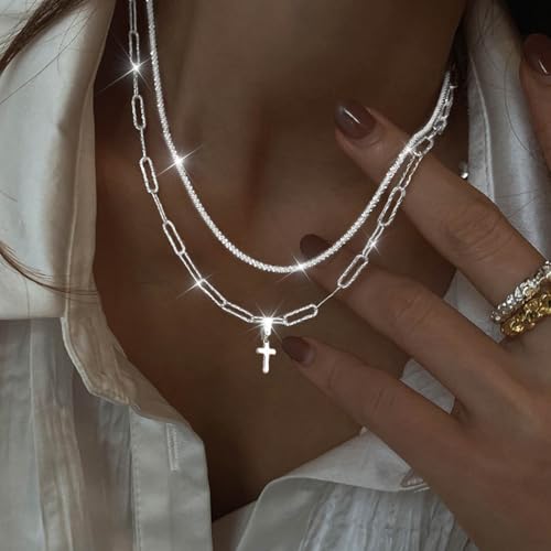 925 Sterling Silver Necklace for Women Layered Cross Paperclip Chain Necklaces Dainty Sparkle Pendant Jewelry Gifts - style: Paperclip Chain+Cross