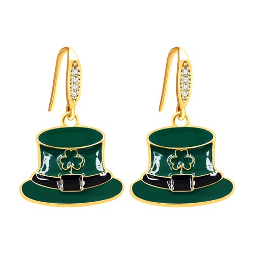 Generic St. Patrick's Day Clover Hat Dangle Earrings for Women, Green Lucky Shamrock Drop Earrings, Fish Hook Alloy Charm Jewellry, Celtic Heritage Gift for GF YA5717 - color: Green