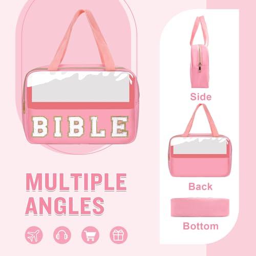 Chenille Letter Bible Bag Cover Case for Women,Preppy Bible Study Supplies Church Bag Purse Bible Accessories with Handle Zipper,Waterpoof Travel Makeup Bag Christmas Christian Gifts(BIBLE-Pink) - color: BIBLE-Pink