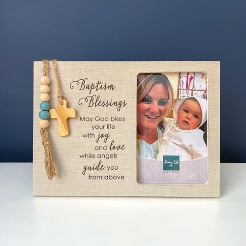 Abbey + CA Gift Baptism Blessings Picture Frame, Baptism Gift for Catholic and Christian Baby Boys, For 4 x 6 Inch Photo - color: Blue Baptism