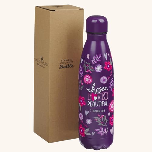 Christian Art Gifts Stainless Steel Double Wall Vacuum Sealed Insulated Water Bottle for Girls & Women: Chosen, Loved, Beautiful Inspirational Scripture, Leak/Spill-proof Thermos, Purple Floral, 17 oz - color: Chosen/Purple