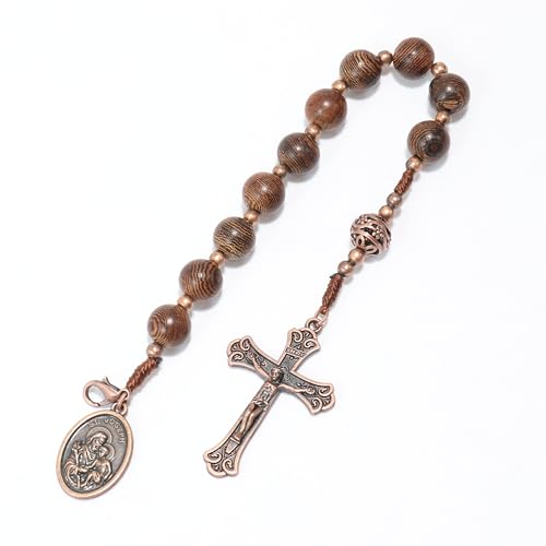 Nazareth Store Wood Beads One Decade Rosary Handmade Pocket Car Mirror with Saint Medal and Jesus Cross in Antique Bronze Wooden Travel Friendly Rosary - style: Jesus Cross with St. Joseph medal