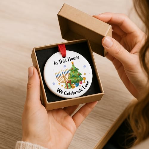 Hanukkah Christmas Ornament, in This House We Celebrate Love Interfaith Ornament 2026, Chrismukkah Decorations, Menorah and Tree Jewish Christian Family Holiday Keepsake Gift - color: In This House We Celebrate Love