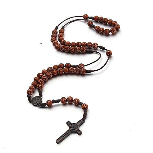 COLORFUL BLING Natural Wooden Catholic Rosaries Wood Crucifix Prayer Beads Pendant Necklace Prayer Jesus Religious Cross Rosary Necklace Handmade Jewelry - color: flower