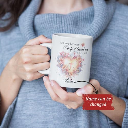 Floral Heart And Cross Design Accent Mug, Customized Name Christian Bible Verse Cup, Gift For Christian Men Women, Personalized Religious Coffee Mug 11oz 15oz, Custom Bible Verse Ceramic Cup - color: HOA-624-2166-WE LOVE MUG
