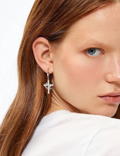 Moissanite Sterling Silver Cross Earrings for Women Huggie Drop - color: Cross Crown (Silver)