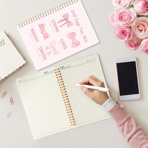 Xqumoi 2 Pack A5 Pink Bow Coquette Religious Spiral Notebooks - She Is Worthy Bible Verses Writing Notebooks, Ruled Lined Journal, Christian Christmas Gift, Sunday School Supplies - style: J-Pink Bow Religious