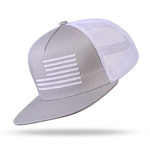 UALON Baseball Cap, Snapback Trucker Hat for Men & Women with American Flag and Adjustable, Breathable Mesh, Flat Bill Hats - color: Gray/White