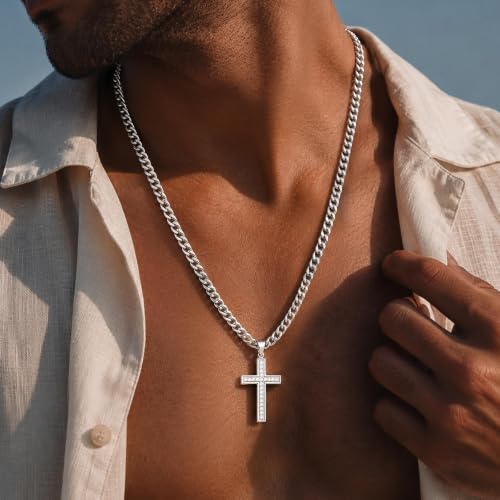 Cross Necklace for Men, Cuban Chain with Cubic Zirconia Pendant - color: SILVER