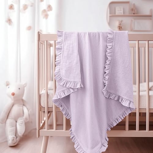 Konssy 100% Cotton Muslin Baby Blanket with Ruffle Trim for Girls, 43"x39" - color: Purple