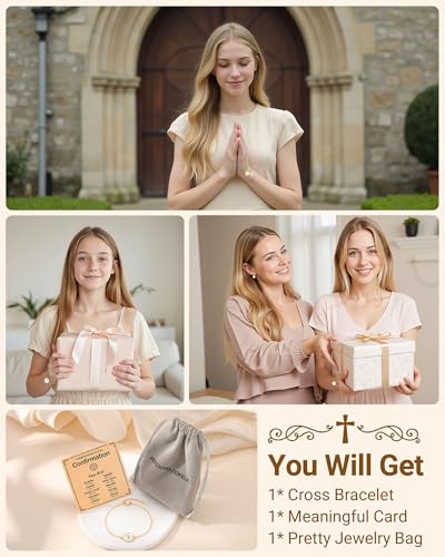 PINKDODO Cute Cross Bracelet for Teen Girls Confirmation Baptism Christian Religious Easter Jewelry Gifts for Daughter Granddaughter Niece