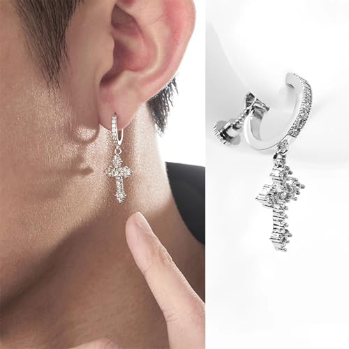 Sterling Silver Cross Drop Earrings, Cubic Zirconia Huggie Hoop, Religious Dangle Crystal Jewelry ER110