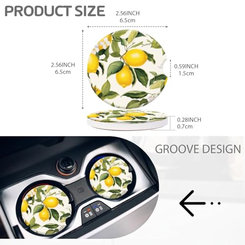 Cup Holder for Car,Lemons and White Flowers Ceramic Coasters Non-Slip Cup Holder Insert with Fingertip Grip, Auto Interior Accessories for Women & Men,Pack of 2, 2.56In - color: Lemons and White Flowers