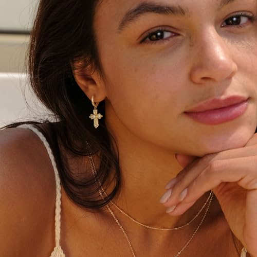 VACRONA Gold Heart Hoop Earrings Huggie Earrings for Women 14k Gold Plated Small Hoops Earrings - color: Cross-CZ-Gold