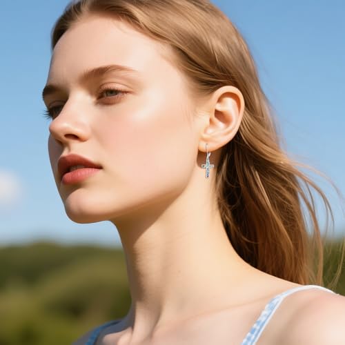 Flower Cross Earrings 925 Sterling Silver Cross Dangle Drop Leverback Religion Jewelry Birthday Gifts for Women