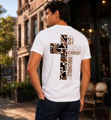 Christian Shirts for Men I Can Do All Things Through Christ Cross T-Shirt - color: White, size: XX-Large