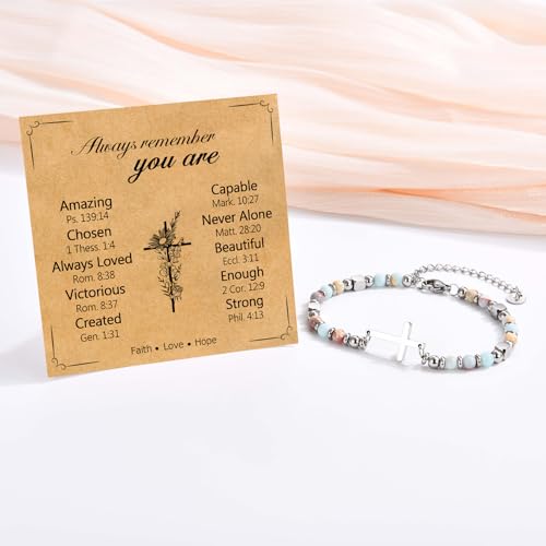 Christian Cross Bracelet for Women Girls, Adjustable Stainless Steel Beaded Cross Bracelets, First Communion Confirmation Easter Religious Bapstim Natural Gemstone Jesus Bracelet Gifts for Her - style: You Are Amazing
