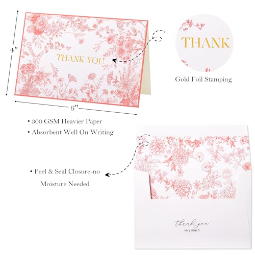 Crisky Vintage Pink Floral Gold Foil Thank You Cards with Envelopes - color: Pink Floral, size: 25 Pack