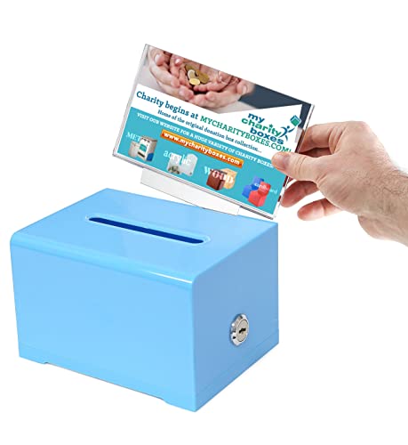 Donation Collection Ballot Ticket & Drawing Voting or Comment Box office and fundraising suggestion box 6.25 x 4.75 x 4 inch Box Display Sign Holder 4 x 6 inch with Lock and keys (Blue)