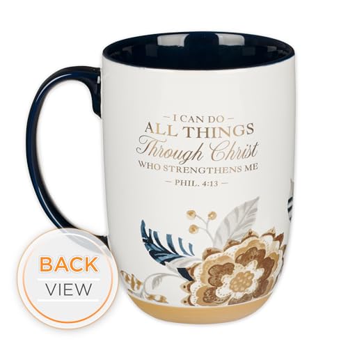 Christian Art Gifts Large Ceramic Coffee & Tea Scripture Mug for Women: All Things Through Christ Encouraging Gold Bible Verse, Non-toxic Cute Brown & Blue Floral Cup, Creamy White & Dark Blue, 15 oz. - color: Multicolor/All Things, size: 15 Ounces