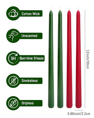 Viyffo 12 Inch Taper Candles 8-Hour Burn Christmas Edition, 4 Pack - color: 12 Inch Green and Red Christmas