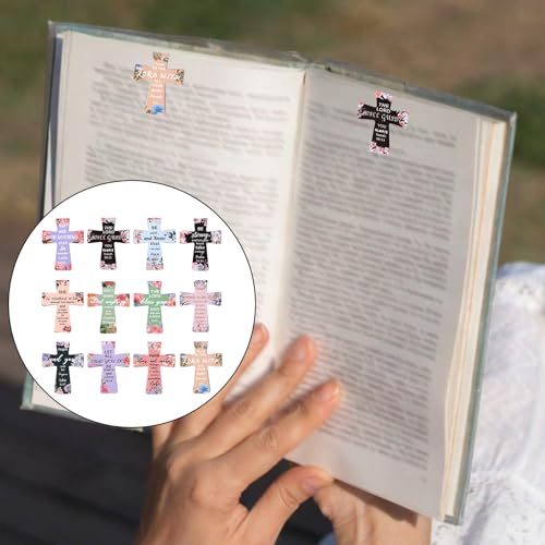 12pcs Magnetic Cross Bookmarks, Floral Design Magnet Christian Book Page Marks Clips with Bible Verse for Women Readers Teachers Students, Catholic Religious School Church Gifts