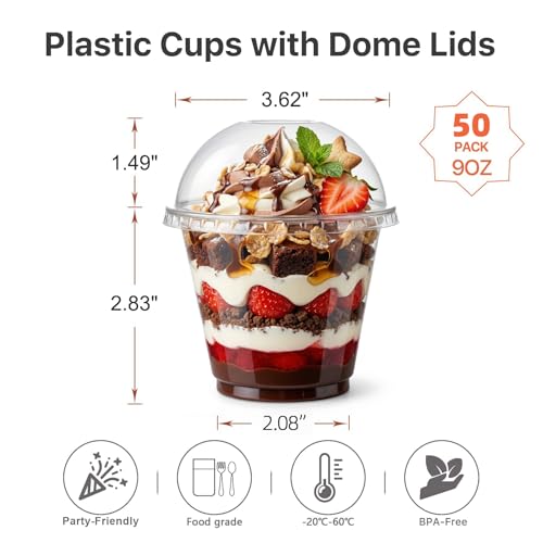 Lullaby 50 Pack 9oz Clear Plastic Cups with Dome Lids, Dessert Fruit Cups - size: 50PACK