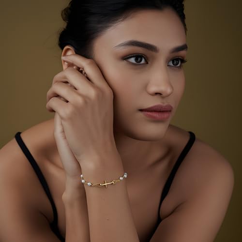 LeCalla 925 Sterling Silver Mother Mary Collection | Lightweight Religious Bracelet Jewelry Rosary Mother Mary Cross Bracelet's for Women - color: Pearl Rosary Cross