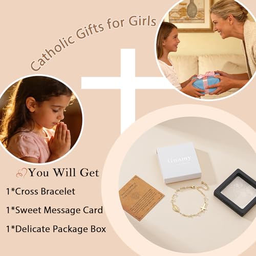 Gnamy Catholic Gifts for Teens Women, Virgin Mary Rosary Beads Cross Bracelet Religious Jewelry First Communion Confirmation Easter Basket Stuffers Teen Gifts Trendy Stuff for Daughter Gold