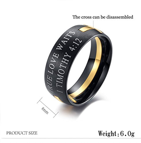 Men's Stainless Steel 8MM Bible Verse Christian Purity Cross Ring Band 1 Timothy 4:12 - color: Black Gold
