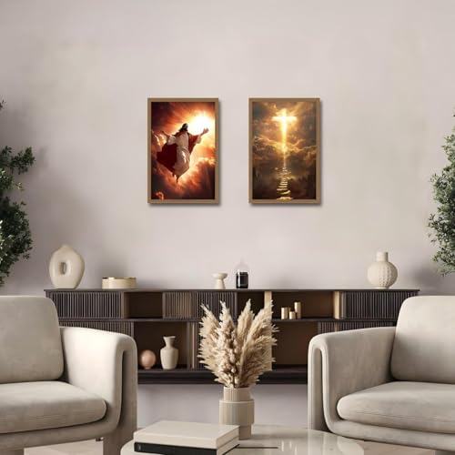 2pcsframed Ascension Of Jesus Christ Mural Wall Art- Heavenly Cross 12x16in - color: Jesus' Holy Light, size: 12x16in