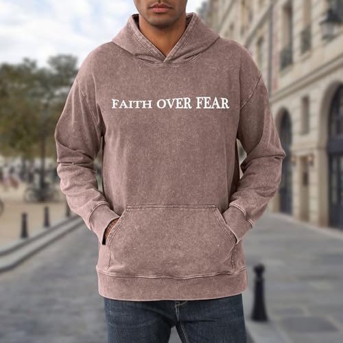 Christian Faith Over Fear Hoodies for Men Jesus Religious Graphic Sweatshirt Bible Verse Acid Wash Pullover Hoodie - color: Brown, size: Large