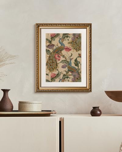 Golden Framed Canvas Wall Art Vintage Peacock, Classic Vine With Poppies Floral Canvas Print Wall Decor, Bird Art Print Wall Hanging 13x16 inch, for Bedroom Bathroom Living Room Decor - color: Peacock, size: 16"L x 13"W