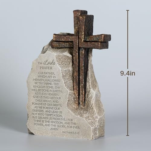 The Lord's Prayer Stone Decor with Bronze Color Cross, 9.4 inches, Religious Table Decoration for Home Office Traditional KJV Version - color: Gray