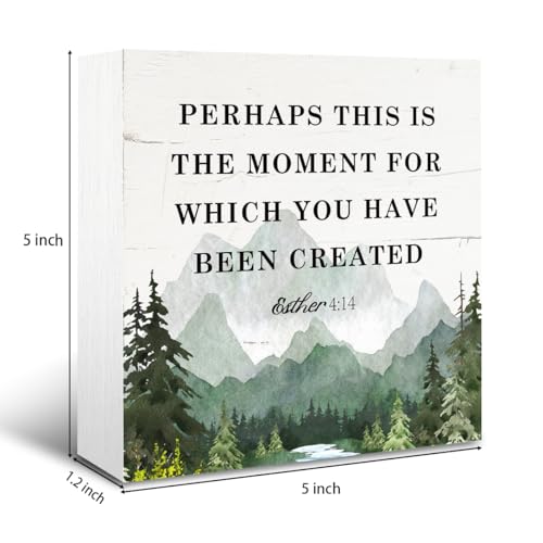 Christian Desk Sign, Rustic Box Sign Decor Tabletop, 5x5 Inch Paulownia Wood, Bible Verse Decor Art, Esther 4:14 - Perhaps This Is the Moment for Which You Have Been Created - color: Christian 11