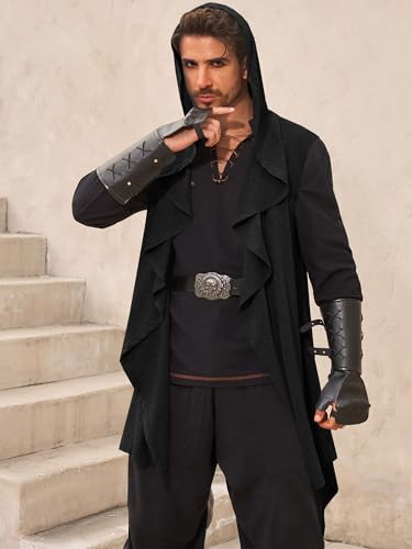 Runcati Mens Hooded Cardigan Sleeveless Ruffle Shawl Collar Drape Robe - color: Black, size: XX-Large
