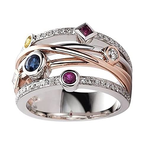 925 Sterling Silver Womens Shiny Full Diamond Ring Geometric Colorful Gemstone Cubic Zirconia Ring Multi Row Cross Hip hop Ring Eternity Engagement Wedding Band Ring for Women HM012 (8) - size: 8