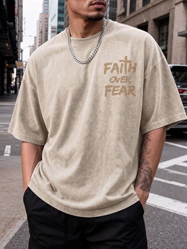 Christian Faith Over Fear Shirt for Men, Jesus Religious Vintage Washed Cotton Graphic Tee with Psalm 118:6 Back Print - color: Apricot, size: Large