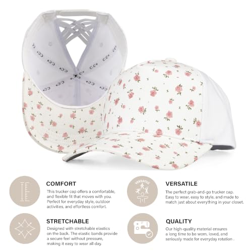 C.C Women's Criss-Cross Ponytail Trucker Hat - Snapback, One Size - color: Ditsy Flower-white