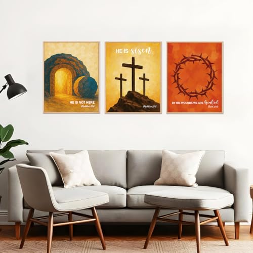 Set of 3 Poster Bible Verse Wall Art,Matthew 28:6 Christian Wall Decor - color: He is not Here He is Risen