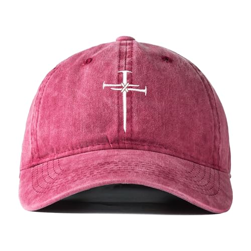 Christian Redeemed Cross Nails Hats for Men Women, Vintage Adjustable Cotton Embroidered Front & Back Baseball Cap - color: Christian-red